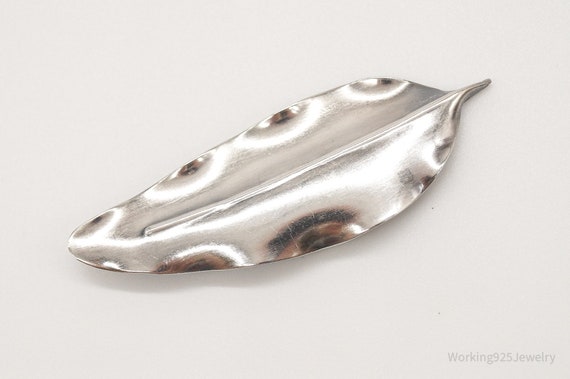 Large Antique Handmade Sterling Silver Leaf Pin B… - image 4