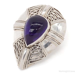 Vintage Amethyst Bali Style Sterling Silver Brooch Pin Pendant