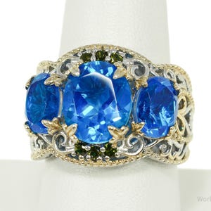 Vintage Chuck Clemency Ring mit Blautopas & Peridot Gold Vermeil Sterling Silber Ring - Größe 9,25