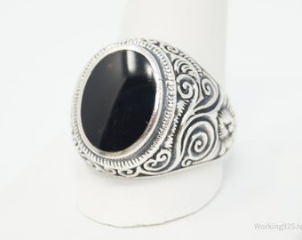 Large Vintage Black Onyx Etched Scroll Sterling Silver Ring - Sz 12