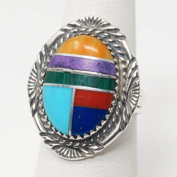 Vtg Native American Multi Gem Inlay Unsigned Sterling Silver Ring - Sz 6.25