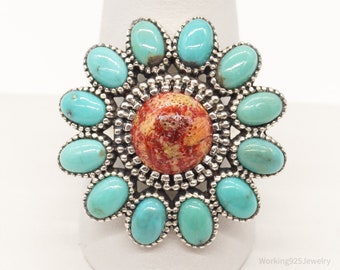 Vintage Turquoise Coral Sterling Silver Ring - Size 9.75