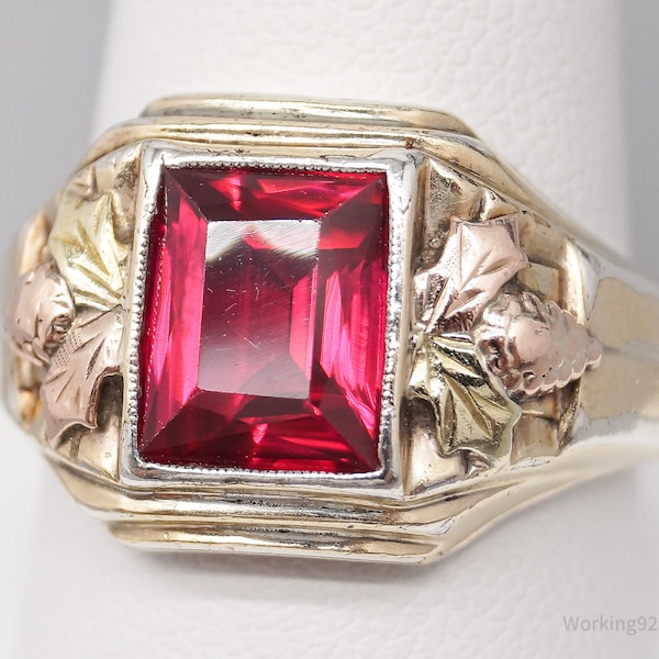 Antique Ruby 10K Gold Top Sterling Silver Ring - Size 9.75