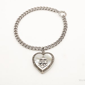 Antique Theda USN Mother Of Pearl Locket Heart Sterling Silver Bracelet image 3
