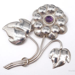 Große Vintage Mexico Modernist Blume Amethyst & Sterling Silber Brosche Pin