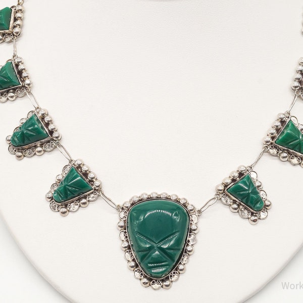 Vintage Mexico Green Onyx Carved Masks Sterling Silver Necklace