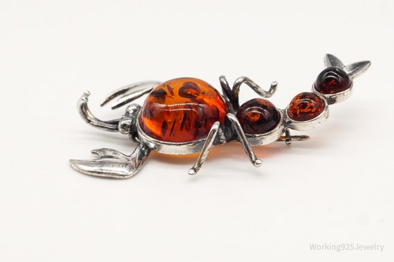 Vintage Amber Scorpion Sterling Silver Brooch Pin - image 4