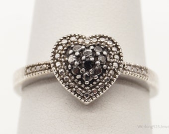 Vintage Single Black Diamond Heart Sterling Silver Ring - Size 7