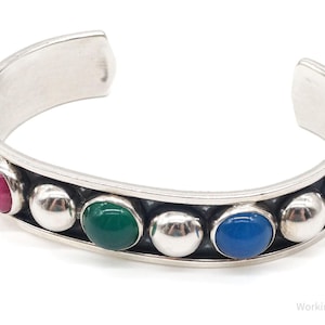 Vintage Mexico Multi Gemstone Sterling Silver Cuff Bracelet