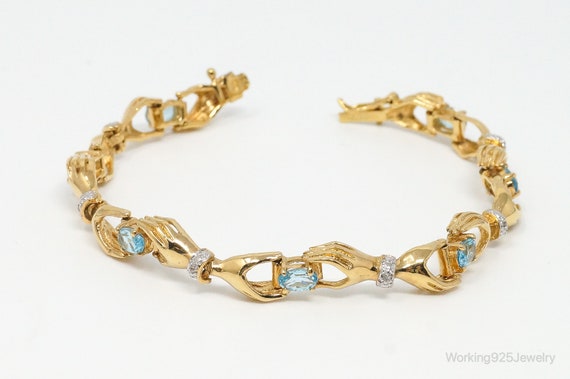 Vintage Two Hands Blue Topaz Diamond Gold Vermeil… - image 3