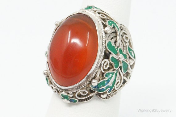 Vintage Large Carnelian Enamel Filigree Silver Ri… - image 2