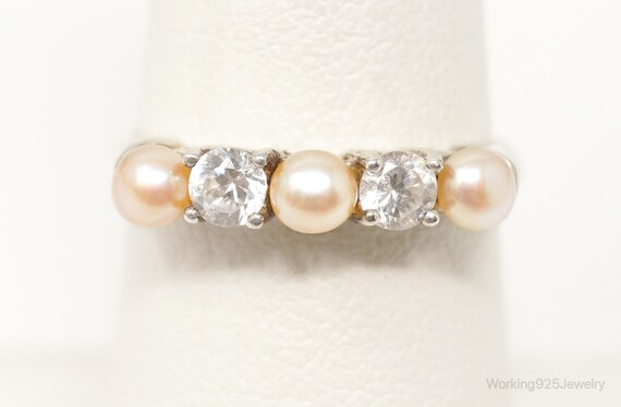 Vintage Designer Avon Pearl Cubic Zirconia Sterling Silver Ring