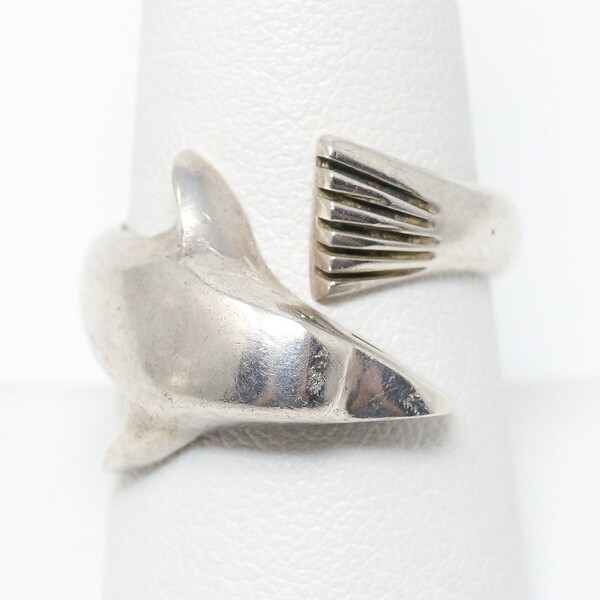 Vintage Taxco Mexico Artisan Dolphin Sterling Silver Wrap Ring - Size 8.25