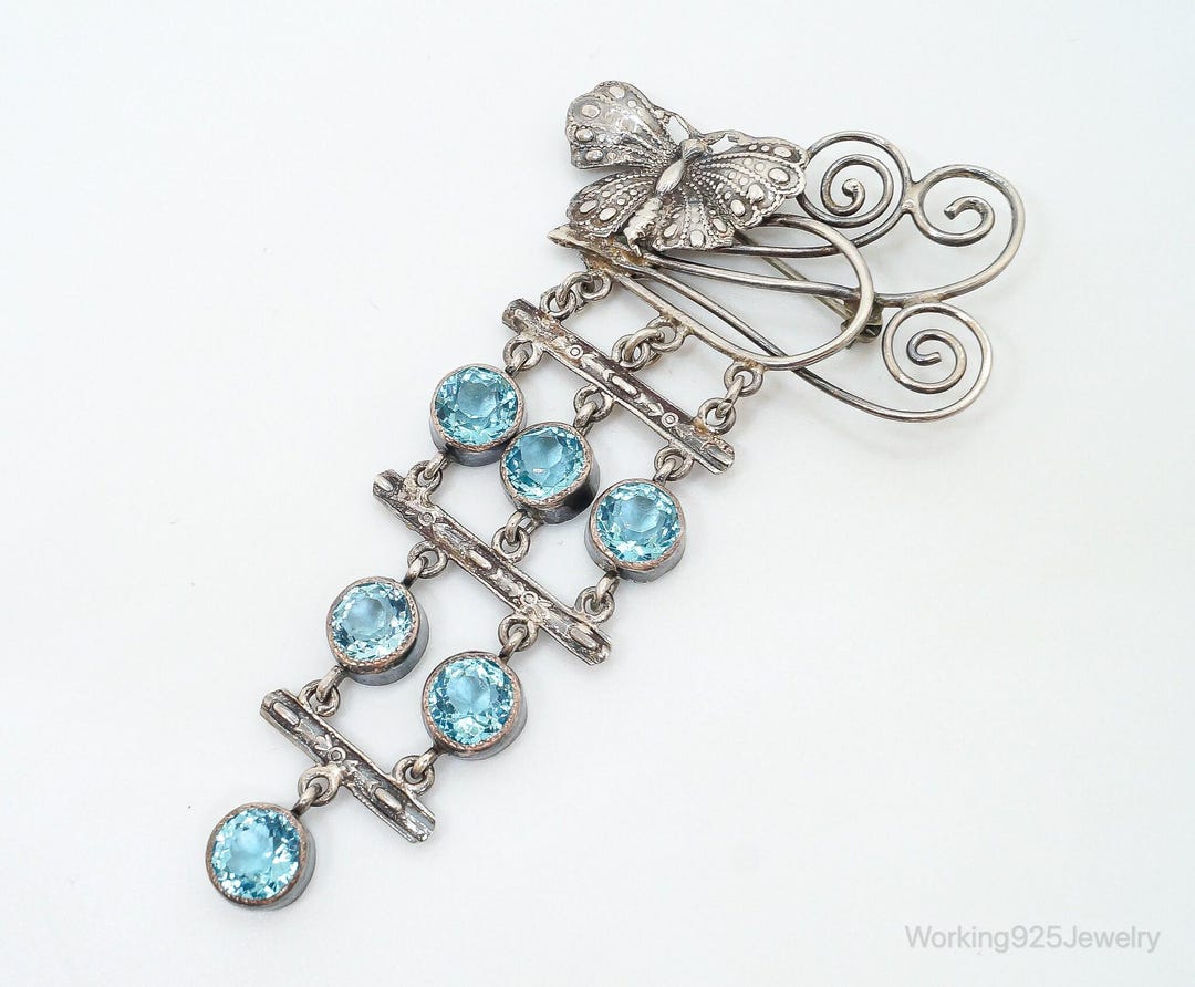 Broche Vintage En Argent Avec Cristaux Topaze à Facettes - Ancienne, Grande, Bijou Fantaisie Femme