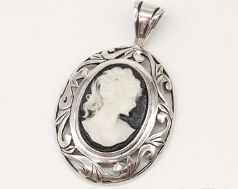 Vintage Designer Jezlaine Carved Cameo Woman Sterling Silver Pendant