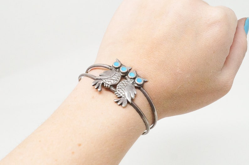 Vintage Native Turquoise Owl Cut Out Handmade Sterling Silver Cuff Bracelet
