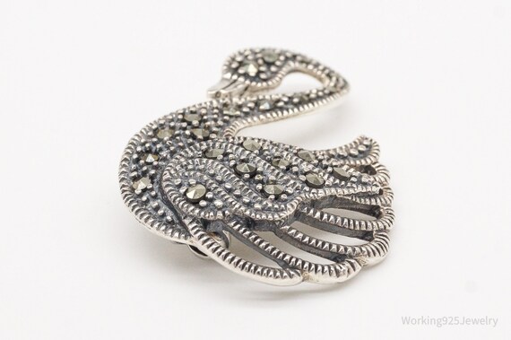 Vintage Marcasite Swan Sterling Silver Brooch Pin - image 5