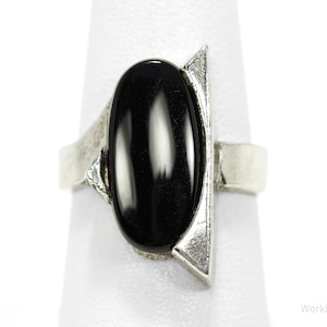 Vintage Modernist Style Black Onyx Sterling Silver Ring - Size 6.75