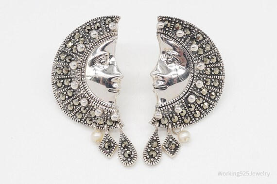 Large Designer Marcasite Pearl Moon Face Sterling… - image 2