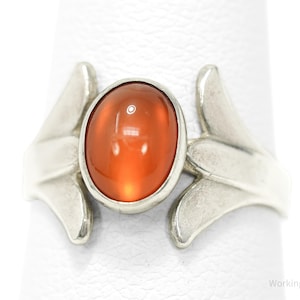 Vintage Modernist Style Orange Stone Silver Ring - Size 5.25