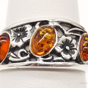 Vintage Baltic Amber Flowers Vines Sterling Silver Ring - Size 6.25