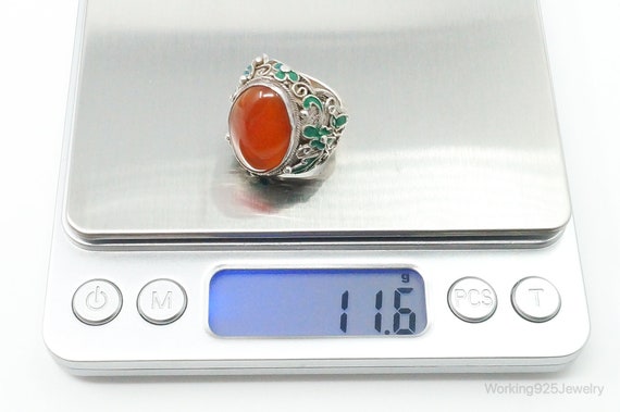 Vintage Large Carnelian Enamel Filigree Silver Ri… - image 9