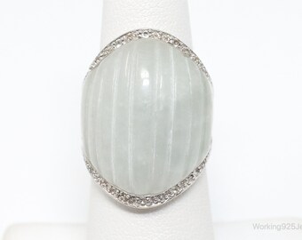 Vintage White Jade Cubic Zirconia Sterling Silver Ring - Size 5.75