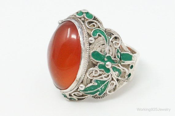 Vintage Large Carnelian Enamel Filigree Silver Ri… - image 4