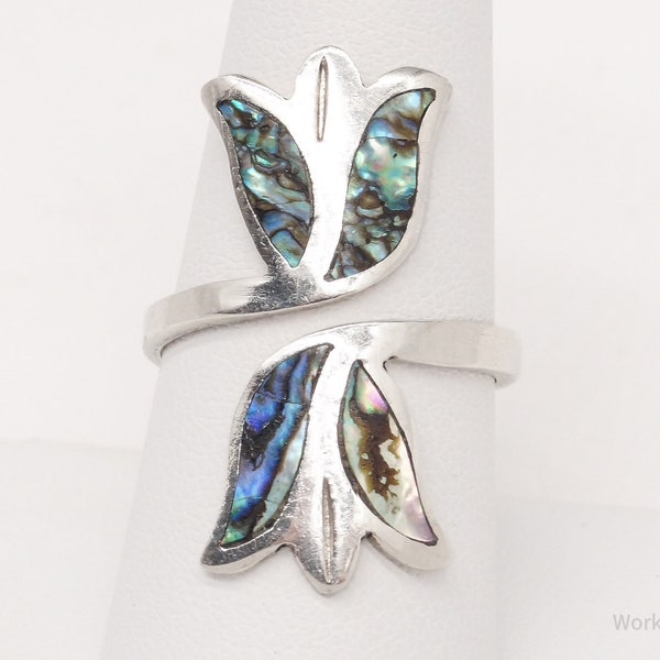 Vintage Mexico Paua Abalone Shell Inlay Tulips Sterling Silver Ring - Size 8.75