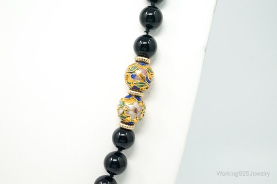 Vintage Long Black Onyx Cloisonne Beads Necklace - image 4
