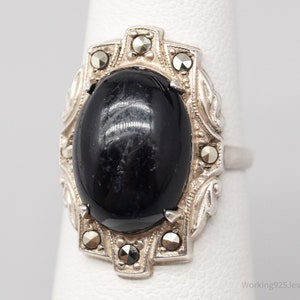 Antique Art Deco Black Onyx Marcasite Sterling Silver Ring - Size 5