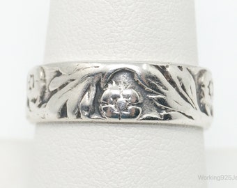 Vintage Art Nouveau Floral Etched Sterling Silver Band Ring - Size 8