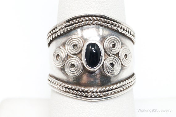 Vintage Bali Style Black Onyx Sterling Silver Rin… - image 1