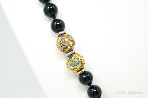 Vintage Long Black Onyx Cloisonne Beads Necklace - image 5