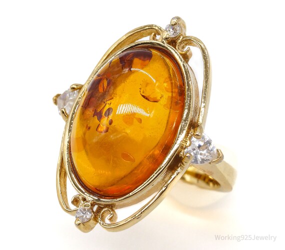Designer Amber Cubic Zirconia Gold Over Sterling Silver Ring Size