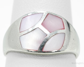 Anillo vintage de plata de ley con incrustaciones de nácar rosa - Talla 7,75