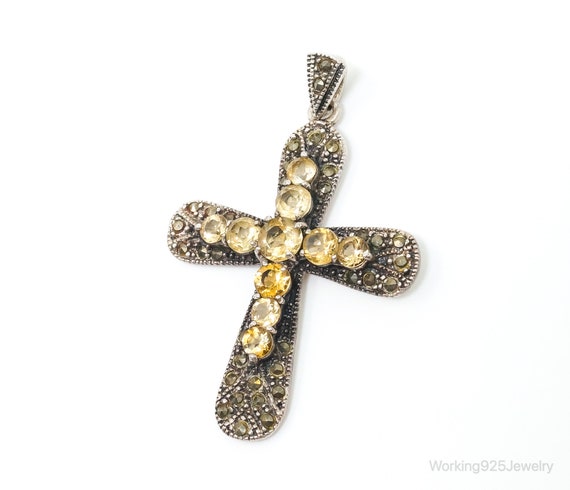 Large Vintage Citrine Marcasite Cross Sterling Si… - image 1