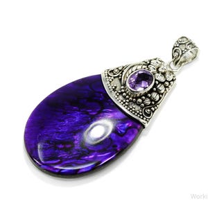 Vintage Large Purple Paua Abalone Shell & Amethyst Sterling Silver Pendant