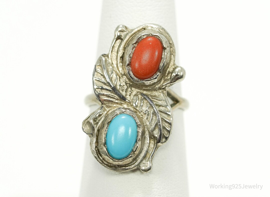 Vintage Native American Turquoise & Coral Unsigned Silver Ring - Size 6 ...