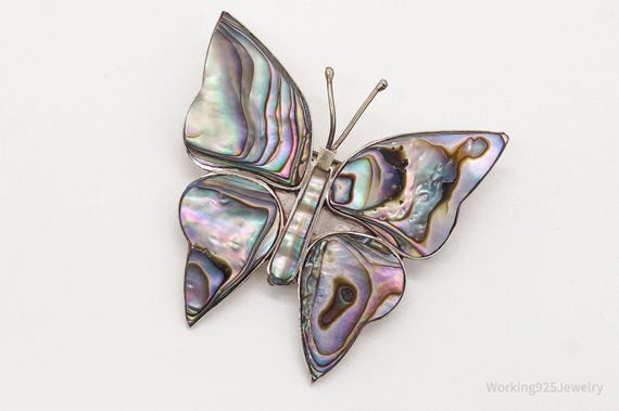 Large Vintage Paua Abalone Shell Butterfly Sterli… - image 6