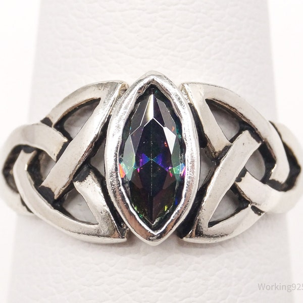 Vintage Lab Mystic Topaz Celtic Knot Sterling Silver Ring - Size 5.25