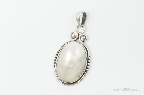 Large Vintage Pearl Sterling Silver Pendant - image 2