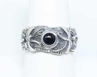 Vintage Southwestern Black Onyx Feather Sterling Silver Band Ring - Size 8.25