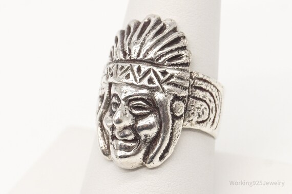 Vintage Native American Chief Head Silver Ring - … - image 3