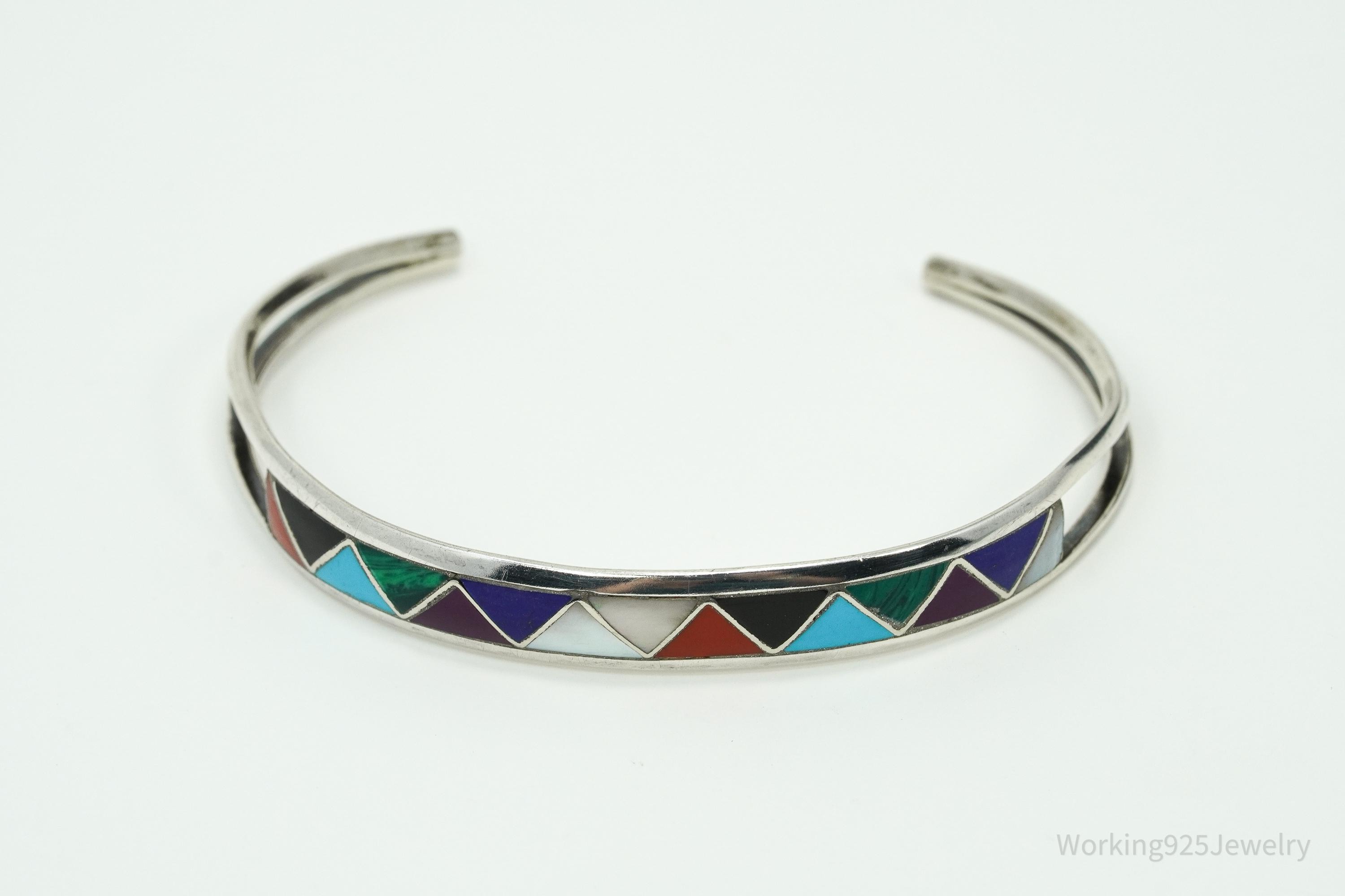 Vintage Native American Multi Gem Inlay Sterling Silver Bracelet