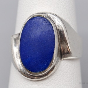 Vintage Lapis Lazuli modernist Art Sterling Silber Ring - Größe 6,5