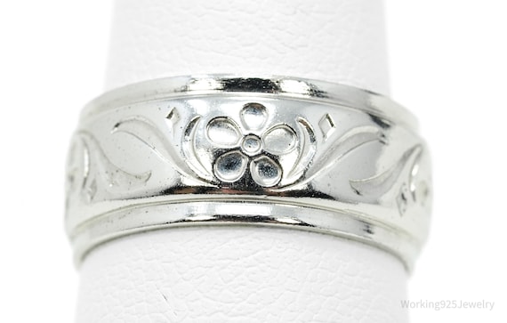 Antique Uncas Mfg. Co. Flowers Sterling Silver Band Ring - Size 5