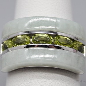 Green Jade & Peridot Sterling Silver Ring - Size 6.75