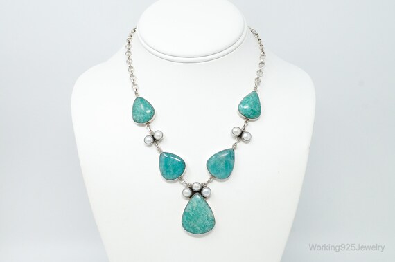 Vintage Amazonite Pearl Sterling Silver Necklace - image 2