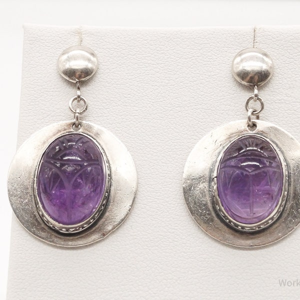 Vintage Large Carved Amethyst Egyptian Scarab Sterling Silver Earrings